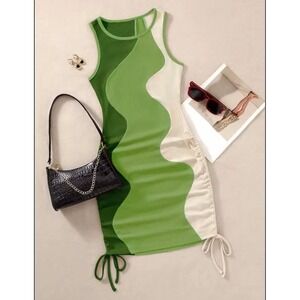 Green Wavy Colorblock Ribbed Ruched Bodycon Mini Dress Large
